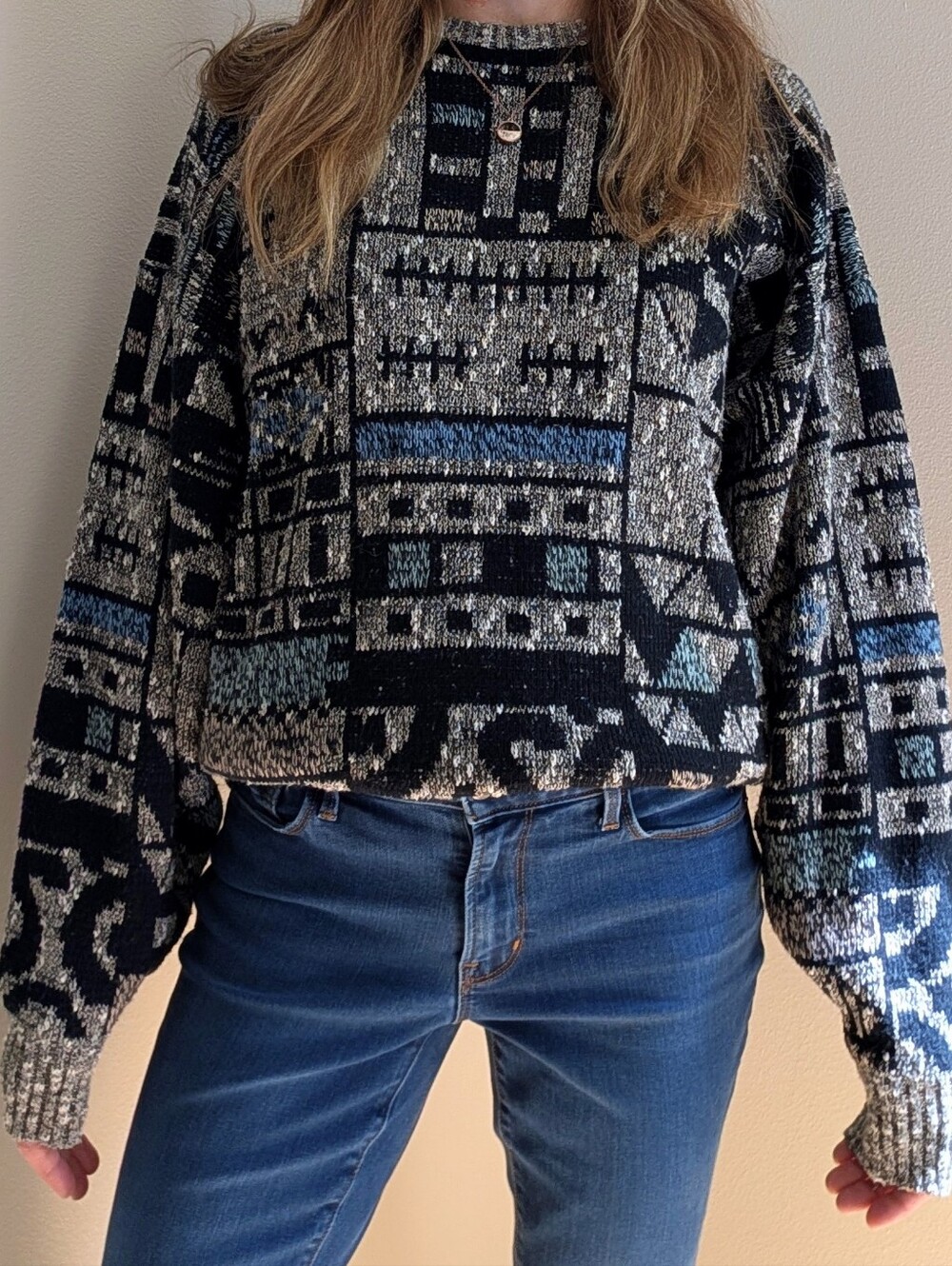 Vintage Abstract Geometric Patterned Crewneck Sweater In Gray/Black